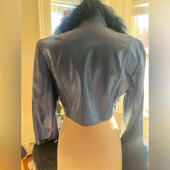 Norma Kamali Blue Leather Jacket with Fur Trim - Picture 2 of 4